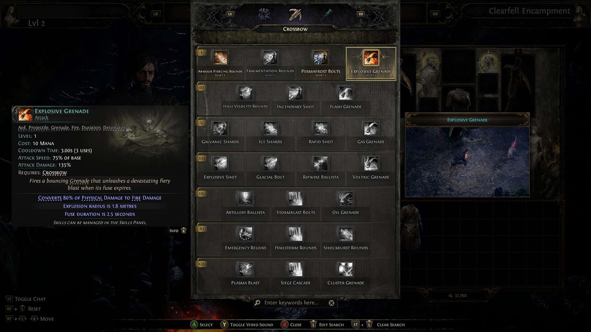 Screenshot showing Mercenary's Explosive Grenade skill in Path of Exile 2.